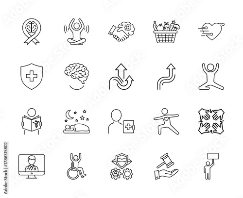 Healthcare and social issues line icon set. Vector pictograms of brain, meditation, groceries, medical shield, doctor, sleep, advocacy, and justice, linear illustration.