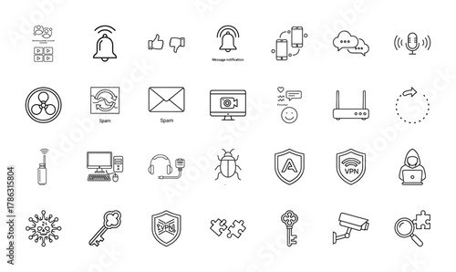 Digital communication and cyber security line icon set. Vector pictograms of networking, notification, social media, email, security, virus, and privacy, thin linear illustration.