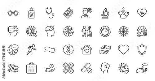 Health and medical icon set. Vector pictograms of stethoscope, brain, pills, heartbeat, elderly care, awareness, and hygiene, thin linear illustration.