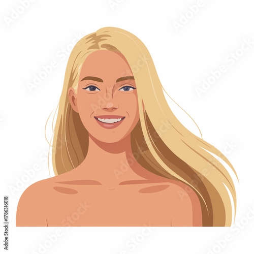 Radiant blonde woman with a bright, genuine smile exudes confidence and natural beauty, perfect for lifestyle and wellness campaigns.