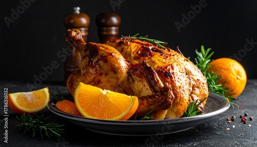 Fototapeta Naklejka Na Ścianę i Meble -  Roasted Chicken with Orange and Rosemary - A Culinary Delight.