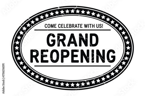 Grand reopening announcement stamp with stars border