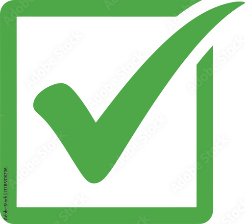 Green check mark inside a square outline on white background tick correct