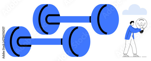 Dumbbells symbolize strength while a person carries a glowing lightbulb, signifying creativity and ideas. Ideal for fitness, innovation, teamwork, productivity, self-improvement, motivation, simple