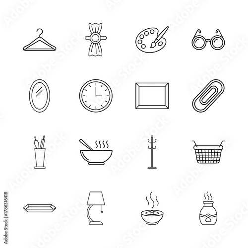 Everyday objects line icon set. Vector pictograms of hanger, ribbon, palette, eyeglasses, mirror, clock, frame, paper clip, bowl, coat rack, lamp, and diffuser, thin linear illustration.