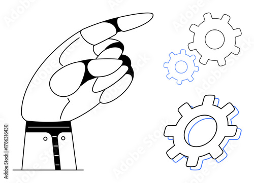 Robotic hand gestures towards interlocked gears, conveying themes of automation, technology, progress, engineering, teamwork, problem-solving, and innovation. Ideal for industry strategy