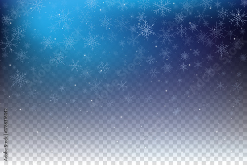 Falling snowflake vector sky background with transparent texture. Winter icy sparkles and crystals. Christmas holiday frozen blue abstract backdrop.