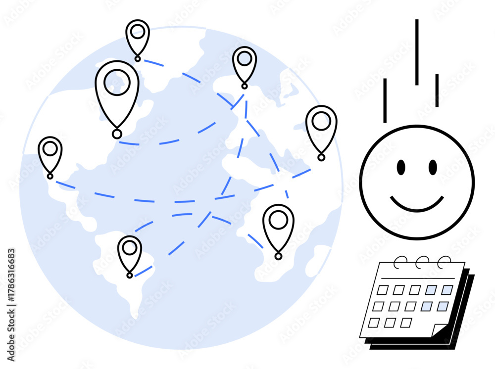 Fototapeta premium Globe with location pins connected by dotted lines, smiling face, and calendar. Ideal for teamwork, international projects, scheduling, networking, global strategy, corporate planning simple flat