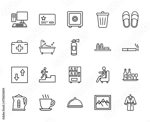 Hospitality line icon set. Vector pictograms of computer, safe, slippers, bathtub, fire extinguisher, vending machine, wine, kettle, bathrobe, thin linear illustration.