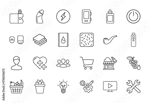 Vaping, technology, and e-commerce line icon set. Vector pictograms of vape devices, e-liquids, atomizers, shopping cart, lightbulb, and tools, thin linear illustration.