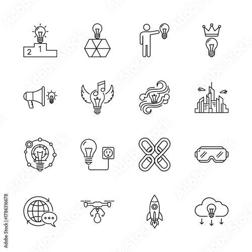 Innovation and technology line icon set. Vector pictograms of idea generation, virtual reality, drones, rocket launches, and global communication, thin linear illustration.