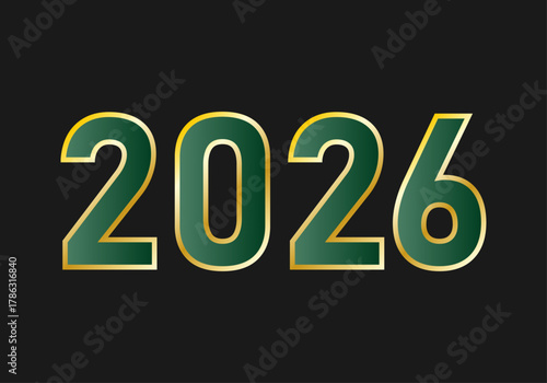 2026 en relleno verde y trazo dorado sobre fondo negro