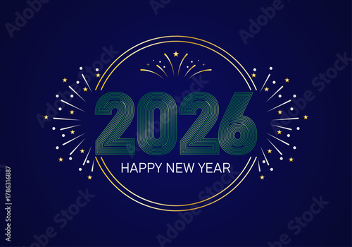 Feliz año nuevo 2026 en fondo azul con fuegos artificiales