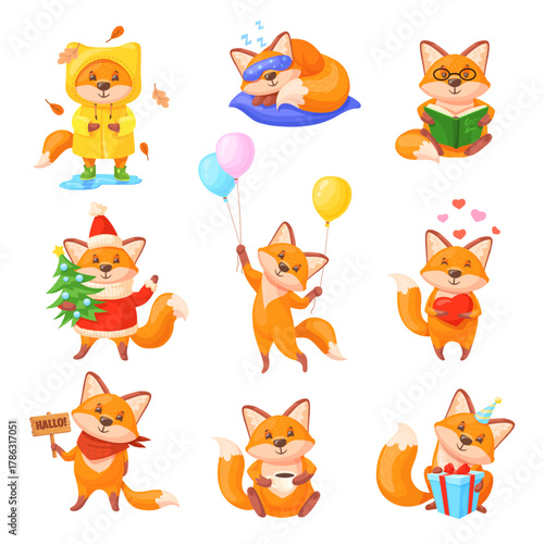 Red fox characters. Cartoon cute foxes mascots, funny foxy baby animal walking play autumn forest standing pose fluffy tail emotion face character sticker neat vector illustration