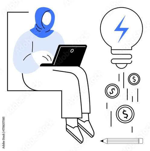 Person with laptop seated beside lightbulb emitting coins, pencil at base. Ideal for innovation, creativity, productivity, entrepreneurship, business growth, freelance work, creativity economy