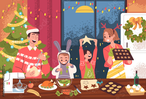 Family christmas cooking. Parents with kids cook food on kitchen table festive dinner, winter holiday meal baking cookies mom dad kids in santa hat, classy vector illustration