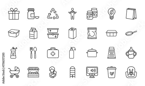 Home, food, and lifestyle line icon set. Vector pictograms of gift, recycling, food storage, milk carton, baby bottle, market stall, and trash can, thin linear illustration.