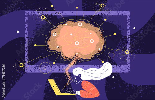 Neural network education. Deep learning ai digital brain structure, person trains artificial intelligence data study generative knowledge technology, classy vector illustration