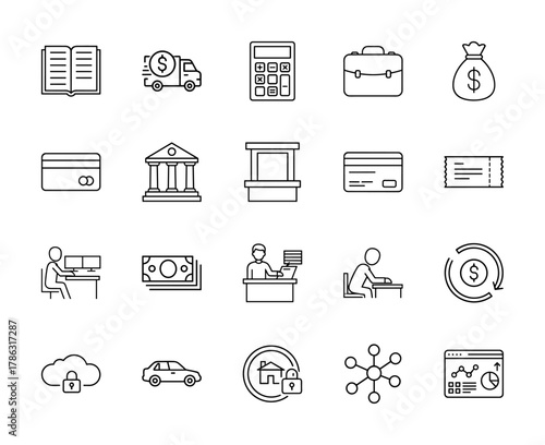Finance and business line icon set. Vector pictograms of calculator, money, bank, credit card, delivery, security, data, and analytics, thin linear illustration.