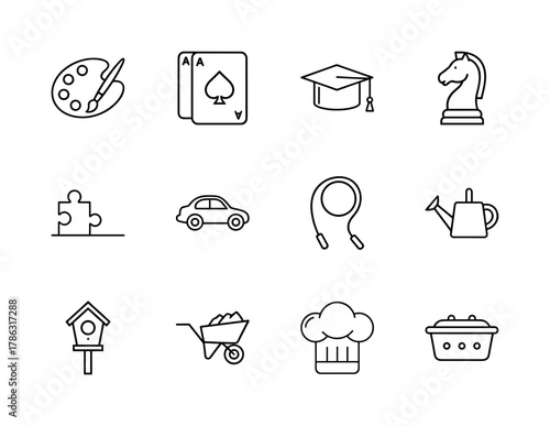 Hobbies and lifestyle line icon set. Vector pictograms of palette, playing cards, graduation cap, chess knight, watering can, birdhouse, wheelbarrow, chef hat, and basket, linear illustration.