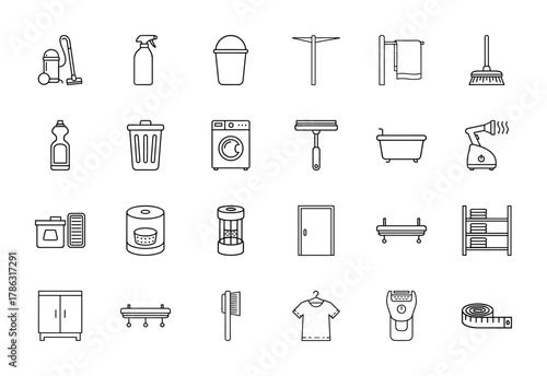 Household and cleaning line icon set. Vector pictograms of vacuum cleaner, spray bottle, bucket, washing machine, bathtub, and broom, thin linear illustration.