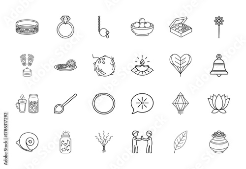 Indian festival and cultural traditions line icon set. Vector pictograms of rings, sweets, diya lamp, lotus, coconut, footprints, lantern, bell, and kalash, thin linear illustration.