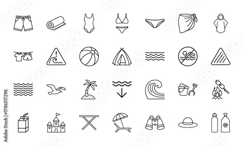 Summer beach vacation line icon set. Vector pictograms of swimwear, beach ball, palm tree, sandcastle, sun hat, shorts, and waves, thin linear illustration.