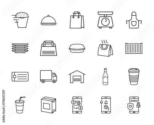Food delivery and e-commerce line icon set. Vector pictograms of burger, cloche, shopping bag, truck, package, coffee cup, mobile payment, and warehouse, thin linear illustration.