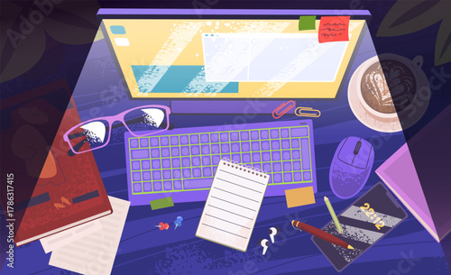 Night workplace top view. Clutter computer desk, messy work study table in dark home office room interior screen monitor light phone paper work, cartoon classy vector illustration