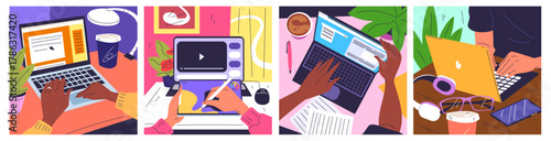 Hands at laptop workplaces. Student or business office workplace, hand work on computer desk keyboard artist use tablet screen woman workspace, cartoon classy vector illustration