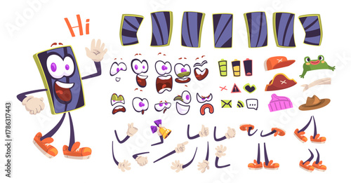 Smartphone mascot kit. Mobile phone cartoon character animation creation, funny face leg arm hand comic smart cellphone poses smile mouth eye, icons set classy vector illustration
