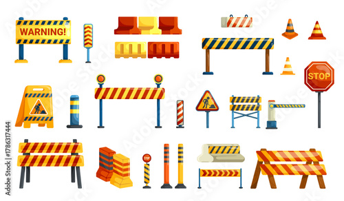 Traffic road barricade. Cartoon barriers roadblock construction work sign, highway repair safety barricades block roadwork cones warning obstacle fence, kicky vector illustration