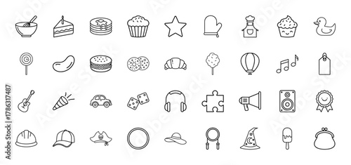 Everyday object line icon set. Vector pictograms of cake slice, cupcake, car, guitar, headphones, hard hat, dice, and oven mitt, thin linear illustration.