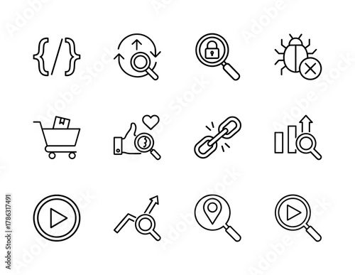 Digital marketing and web development line icon set. Vector pictograms of code, search, security, bug fixing, e-commerce, social media, links, analytics, and media, thin linear illustration.