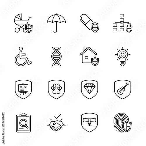 Protection and insurance line icon set. Vector pictograms of baby stroller, umbrella, medicine, house, fingerprint, diamond, pet, art, and ideas, thin linear illustration.