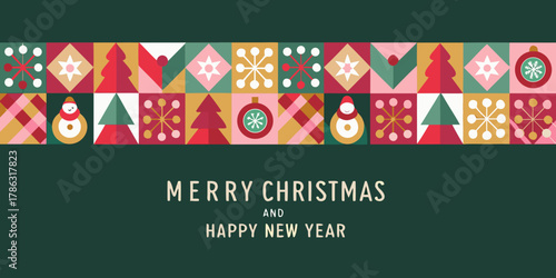 Festive geometric christmas and new year greeting card with snowman and tree motifs
