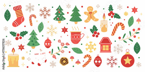Collection of flat christmas icons and symbols on a white background