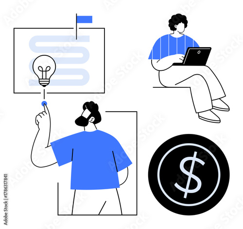 Person tapping screen for idea, dollar sign for finance, teammate working on laptop. Ideal for business, teamwork, innovation, planning, productivity startups creativity. Simple flat metaphor