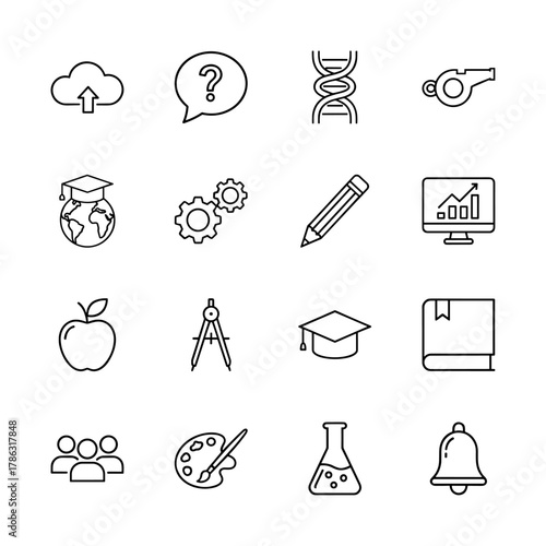 Education, learning, and science line icon set. Vector pictograms of graduation cap, book, pencil, globe, DNA, flask, apple, and compass, thin linear illustration.