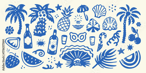 Collection of blue summer vacation icons and symbols on a cream background