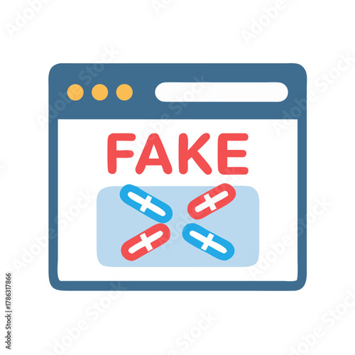 website alert showing fake pills with red and blue design for online safety concept
