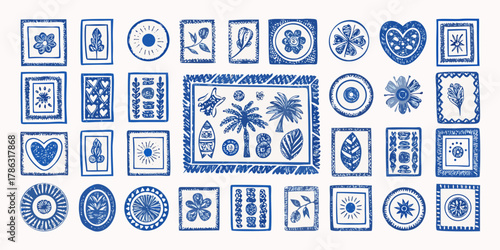 Collection of hand drawn blue botanical floral heart and tropical elements in square and round frames
