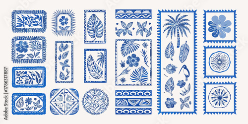 Collection of blue tropical floral and leaf motifs in decorative frames and borders
