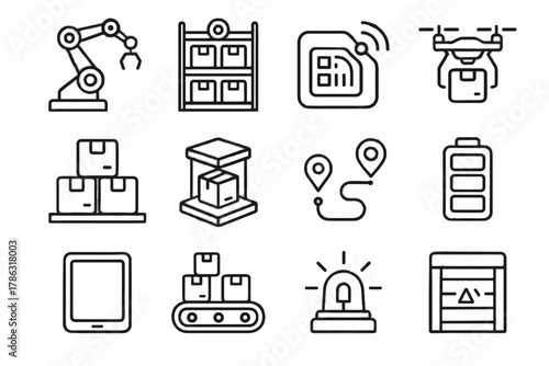 Smart autonomous door icons loading signal conveyor storage vector package icon tag