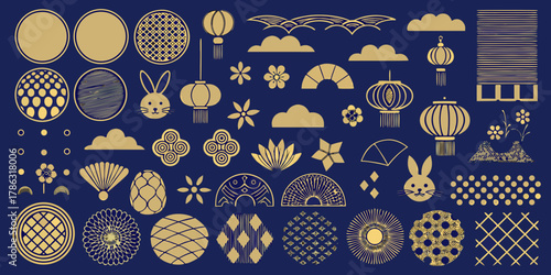 Collection of golden japanese inspired elements on a dark blue background
