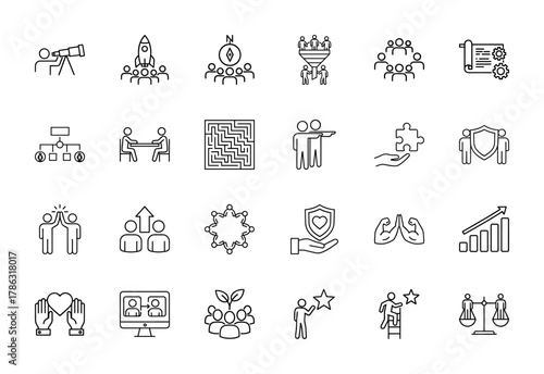 Business and management line icon set. Vector pictograms of telescope, rocket, compass, funnel, chart, puzzle, shield, and growth, thin linear illustration.