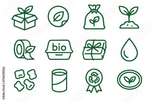 Vector eco icon cardboard ribbon compost water icons tape bio bag tube