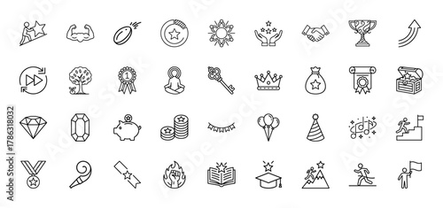 Success, achievement, and celebration line icon set. Vector pictograms of a climbing person, trophy, ribbon, crown, money bag, diamond, and graduation cap, thin linear illustration.