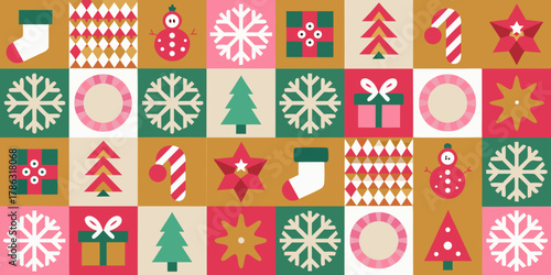 Geometric christmas pattern featuring snowflakes trees snowmen stockings gifts and candy canes