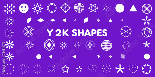 Collection of y2k inspired white graphic elements and shapes on a vibrant purple background